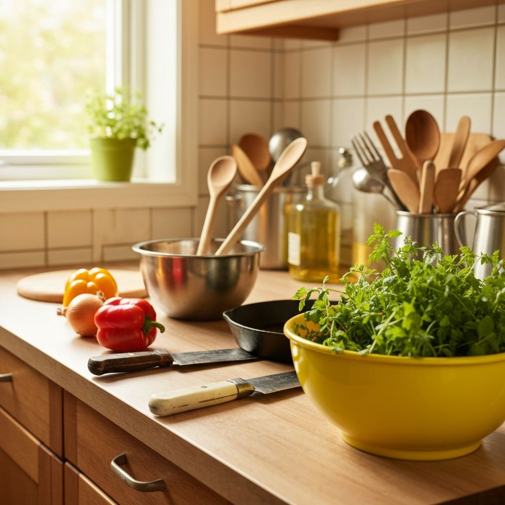 Cocina doméstica con utensilios y alimentos